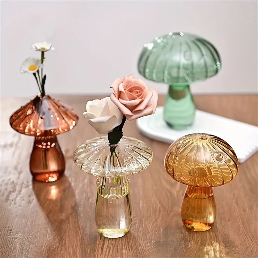 Glass Colorful Mushroom Vase Nordic Style Indoor Home Decor Hydroponic Plant Flower Arrangement Ornament Room Desktop Decoration