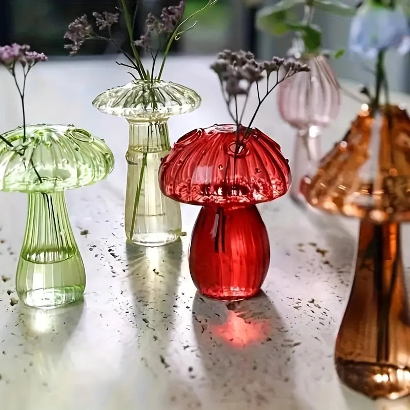 Glass Colorful Mushroom Vase Nordic Style Indoor Home Decor Hydroponic Plant Flower Arrangement Ornament Room Desktop Decoration