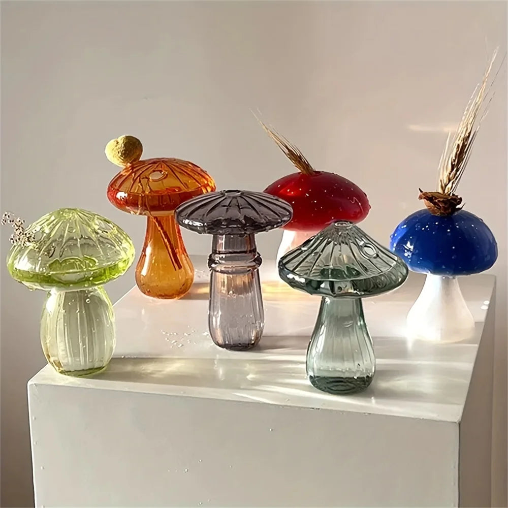 Glass Colorful Mushroom Vase Nordic Style Indoor Home Decor Hydroponic Plant Flower Arrangement Ornament Room Desktop Decoration