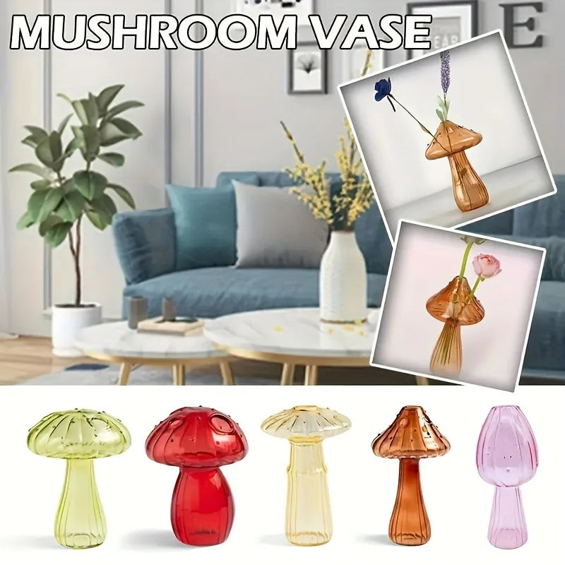 Glass Colorful Mushroom Vase Nordic Style Indoor Home Decor Hydroponic Plant Flower Arrangement Ornament Room Desktop Decoration