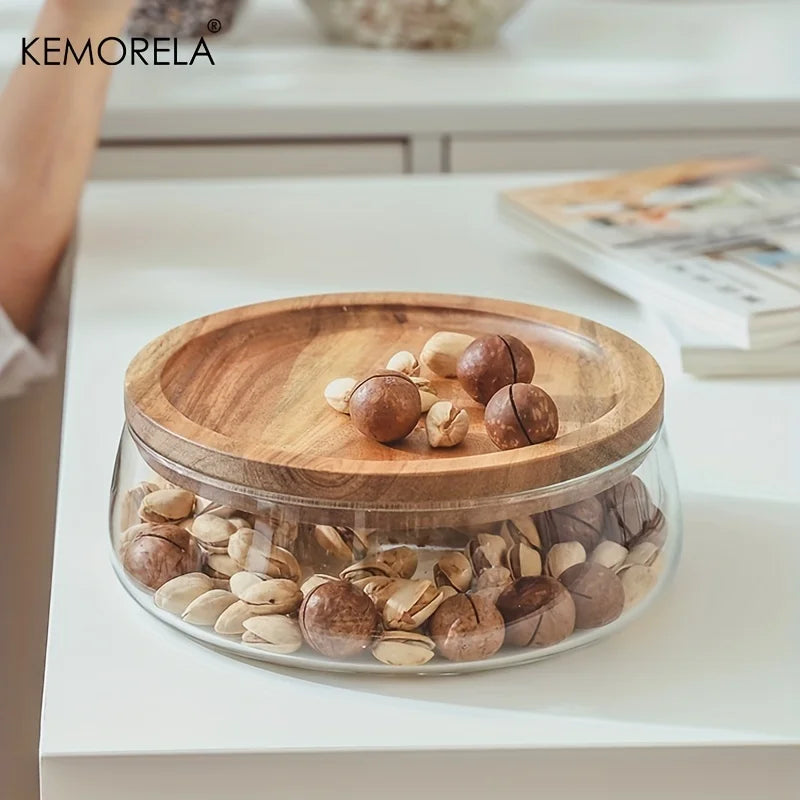 Wooden Tray Topped Glass Bowl