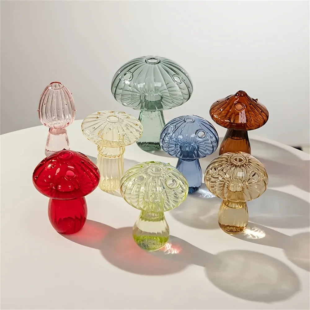 Glass Colorful Mushroom Vase Nordic Style Indoor Home Decor Hydroponic Plant Flower Arrangement Ornament Room Desktop Decoration