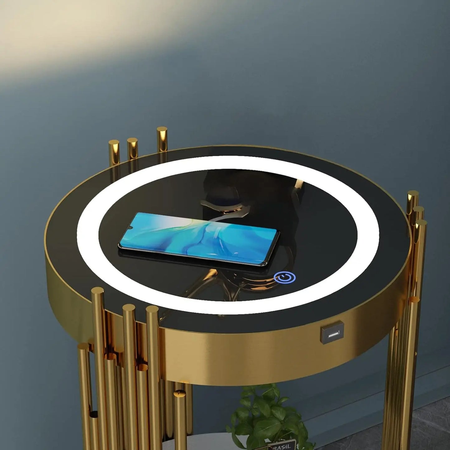 Gold LED Smart Round Nightstand with Charging Station