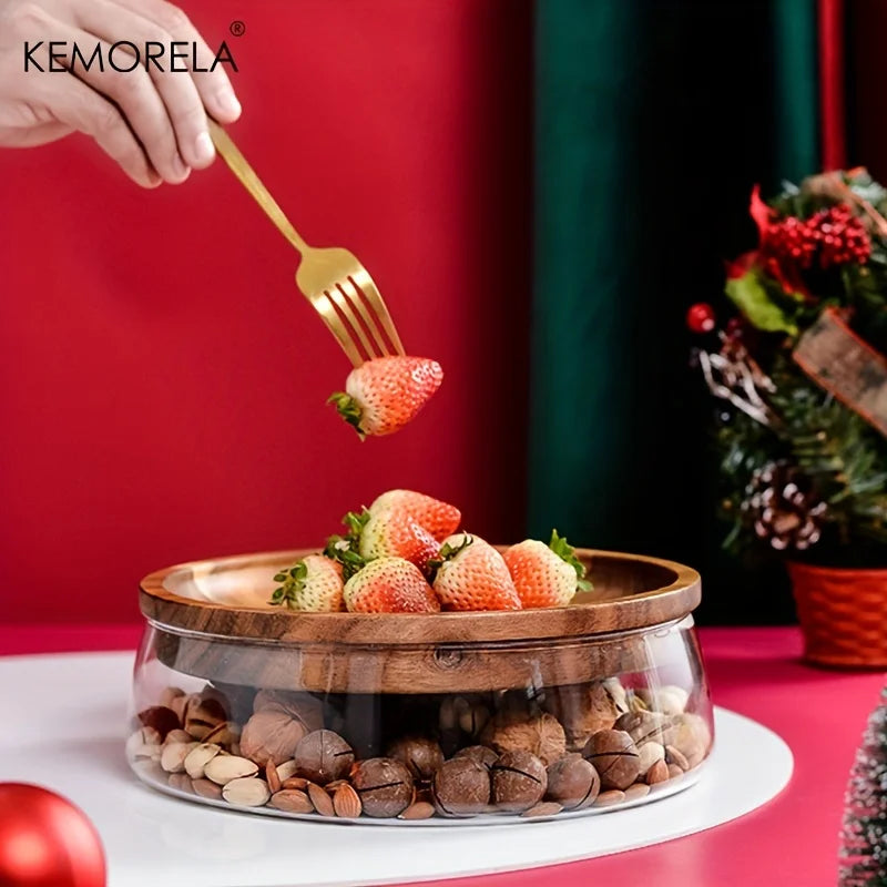 Wooden Tray Topped Glass Bowl