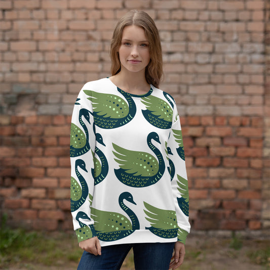 Green and Blue Swan Pattern Sweatshirt – Unique and Stylish Comfort